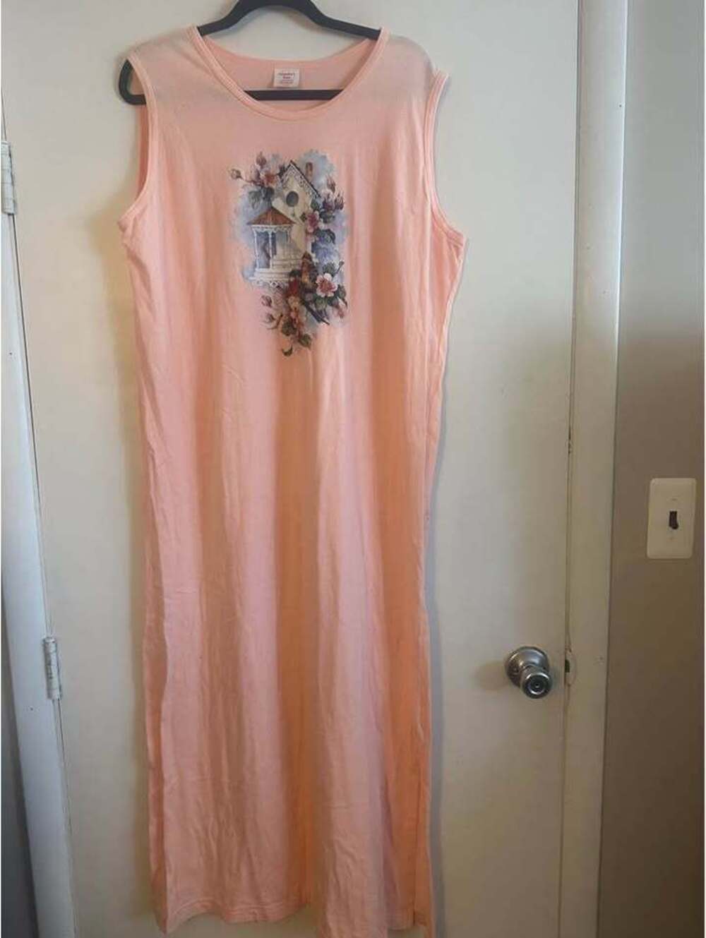 Peach Sleeveless dress Large with Birdhouse Floral Print grandma , cottage core